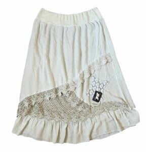 Indira Cream Lace Trimmed Pull On Elastic Waist Midi Skirt Boho Cottagecore Sz M